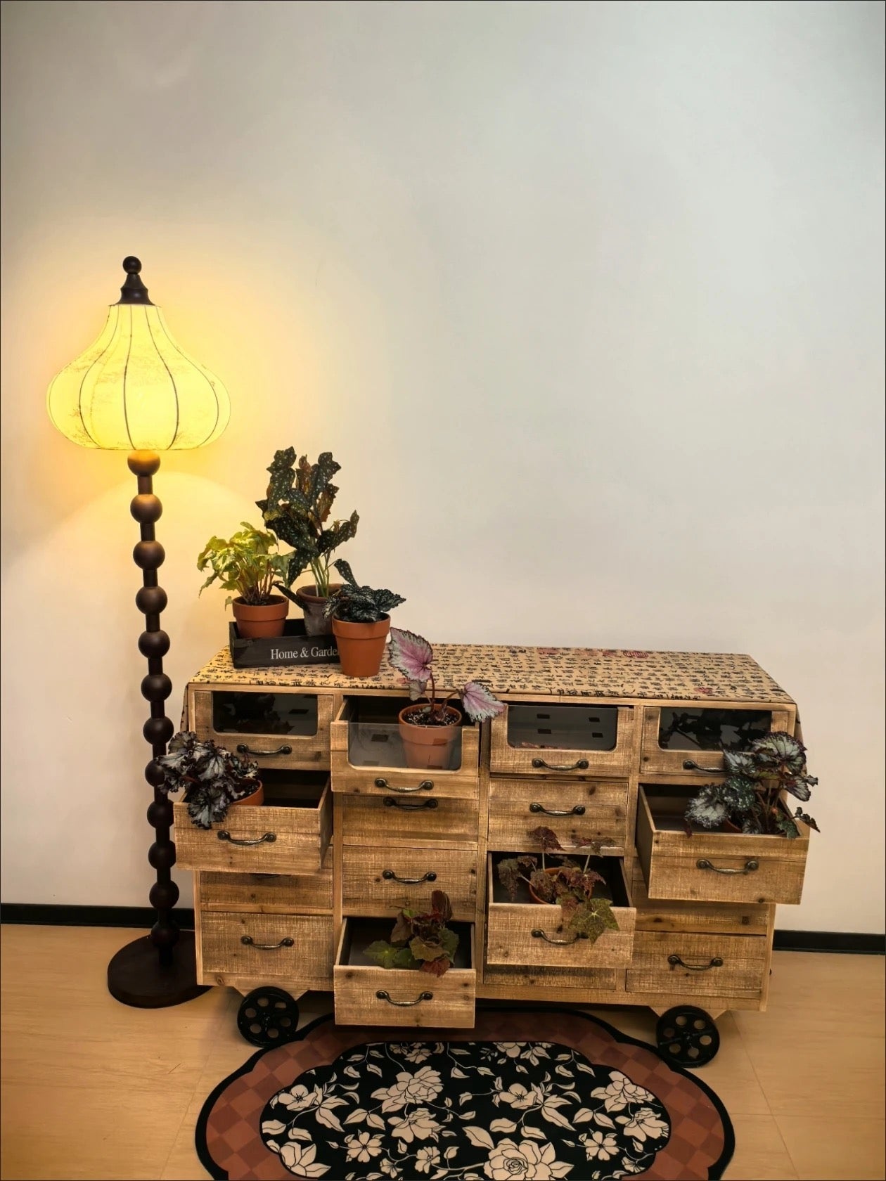 Vintage Multi-Drawer Wooden Cabinet on Wheels