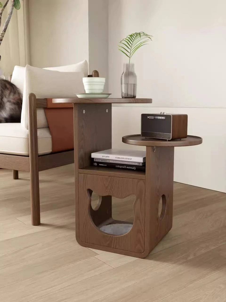 Modern Wooden Cat House Side Table - 2-in-1 Pet Bed & End Table for Living Room - Japandi Style Solid Wood Cat Furniture (Natural/Walnut)
