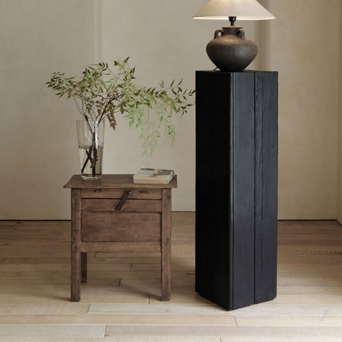 Charcoaled Pedestal Stand - Solid Wood - Display Base for Home Decor, Sculptures, or Plants