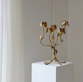 Botanical Brass Candelabra Sculpture | Hand-Forged Floral Tulip Candelabrum | Elegant Gold Art Nouveau Centerpie