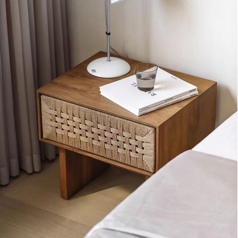 Handwoven Rope Front Wooden Nightstand – Mid-Century Natural Solid Wood Bedside Table