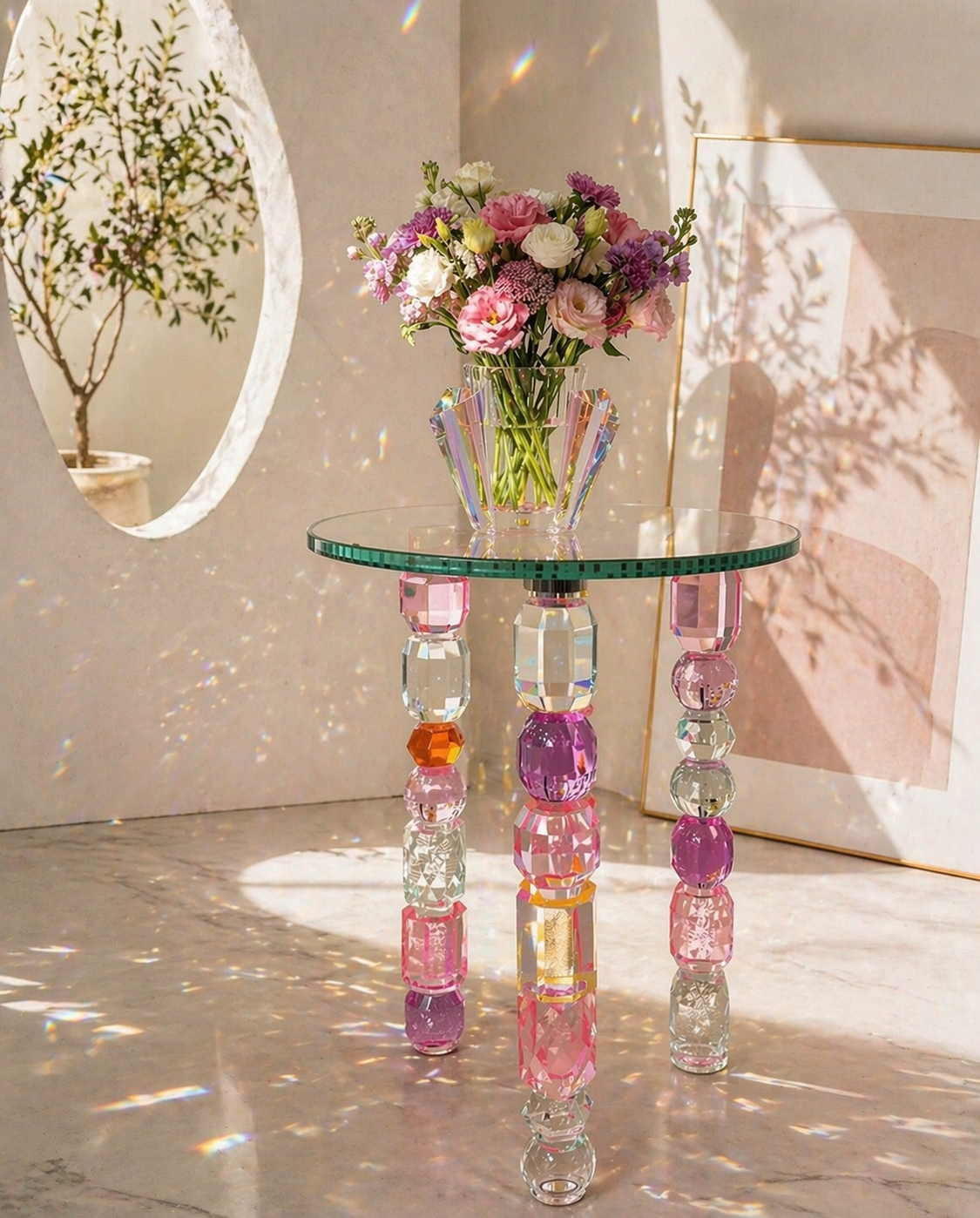 Crystal Glass Side Table – Luxury Modern Accent Table with Prism Reflecti