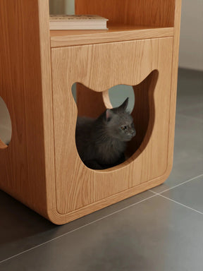 Modern Wooden Cat House Side Table - 2-in-1 Pet Bed & End Table for Living Room - Japandi Style Solid Wood Cat Furniture (Natural/Walnut)