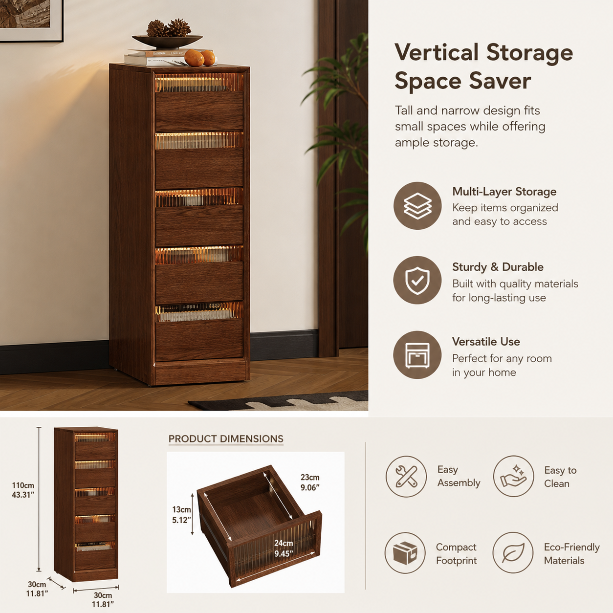 Slim Walnut Storage Tower | 2, 3, 4, 5, and 6 Tiers