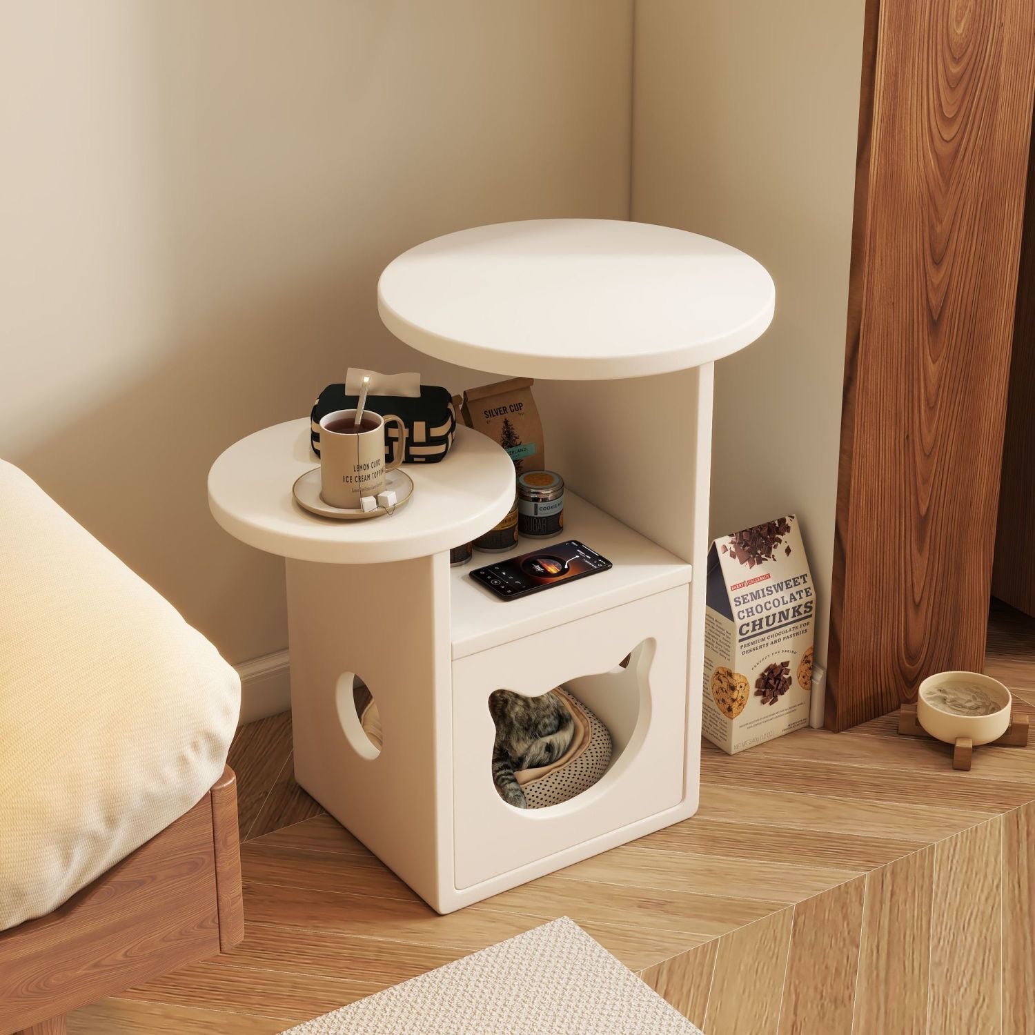 Modern Wooden Cat House Side Table - 2-in-1 Pet Bed & End Table for Living Room - Japandi Style Solid Wood Cat Furniture (Natural/Walnut)
