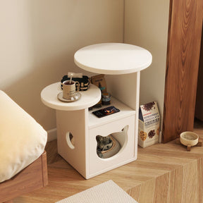 Modern Wooden Cat House Side Table - 2-in-1 Pet Bed & End Table for Living Room - Japandi Style Solid Wood Cat Furniture (Natural/Walnut)