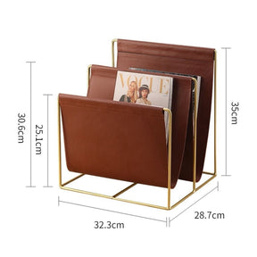 Luxury Leather Magazine Rack Organizer with Gold Metal Frame