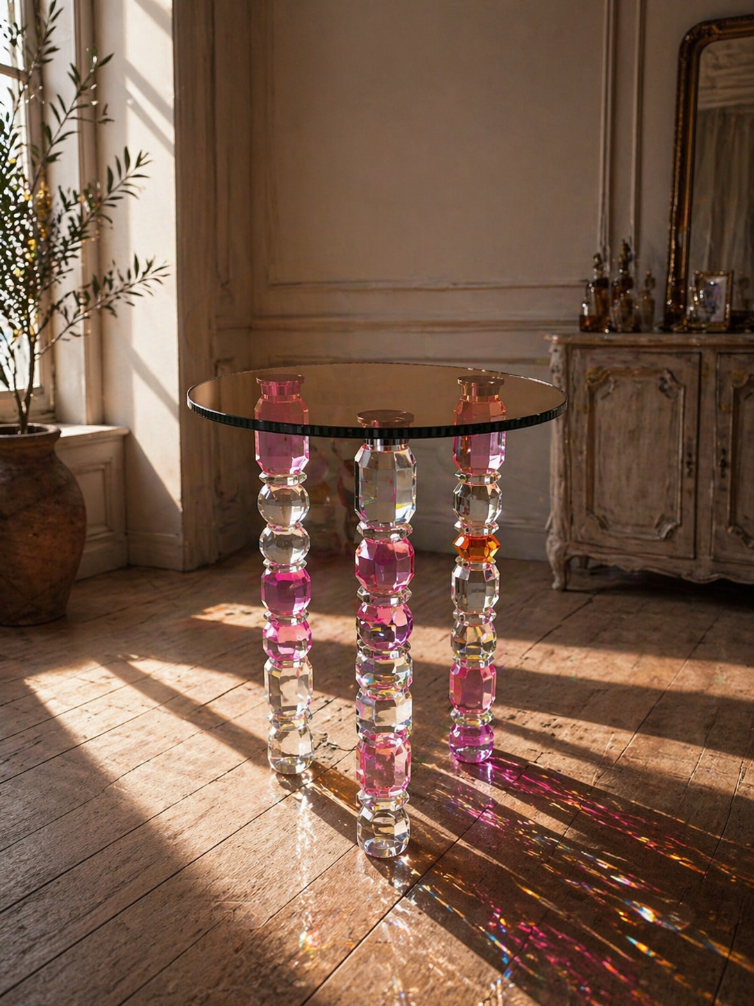 Crystal Glass Side Table – Luxury Modern Accent Table with Prism Reflecti