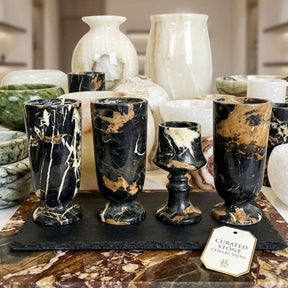 Midnight Emerald Marble Vessel | Hand-Carved Black & Gold Veined Stone Vase | Luxury Centerpiece