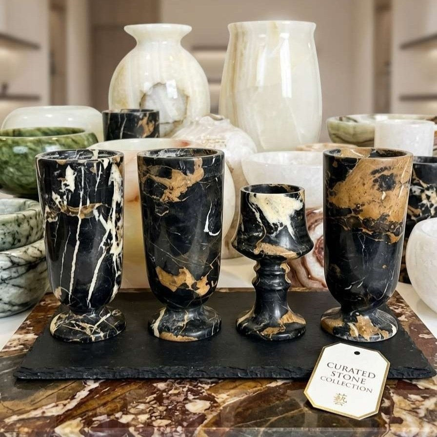 Midnight Emerald Marble Vessel | Hand-Carved Black & Gold Veined Stone Vase | Luxury Centerpiece