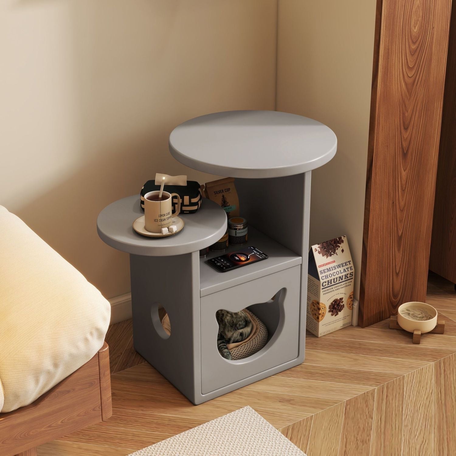 Modern Wooden Cat House Side Table - 2-in-1 Pet Bed & End Table for Living Room - Japandi Style Solid Wood Cat Furniture (Natural/Walnut)