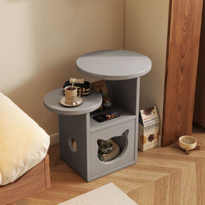Modern Wooden Cat House Side Table - 2-in-1 Pet Bed & End Table for Living Room - Japandi Style Solid Wood Cat Furniture (Natural/Walnut)