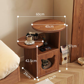 Modern Wooden Cat House Side Table - 2-in-1 Pet Bed & End Table for Living Room - Japandi Style Solid Wood Cat Furniture (Natural/Walnut)