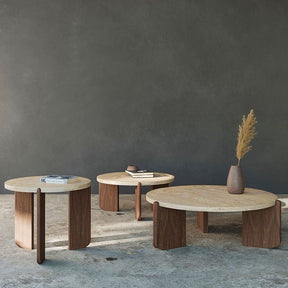 Organic Travertine Coffee Table | Round Stone Coffee Table with Solid Wood Legs