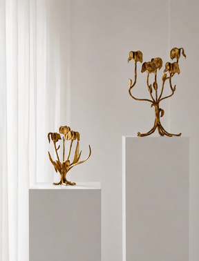 Botanical Brass Candelabra Sculpture | Hand-Forged Floral Tulip Candelabrum | Elegant Gold Art Nouveau Centerpie