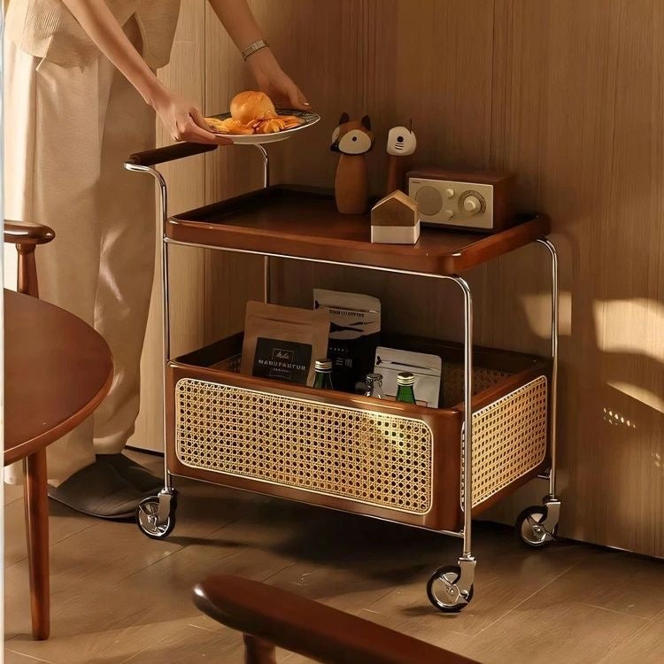 Mid-Century Rolling Bar Cart with Rattan Basket