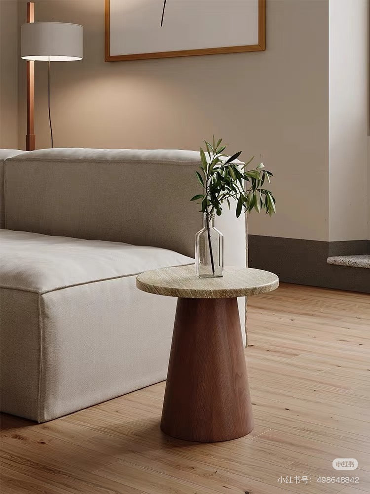 Travertine Top & Solid Walnut Tapered Base | Indoor-Outdoor Organic Modern Accent