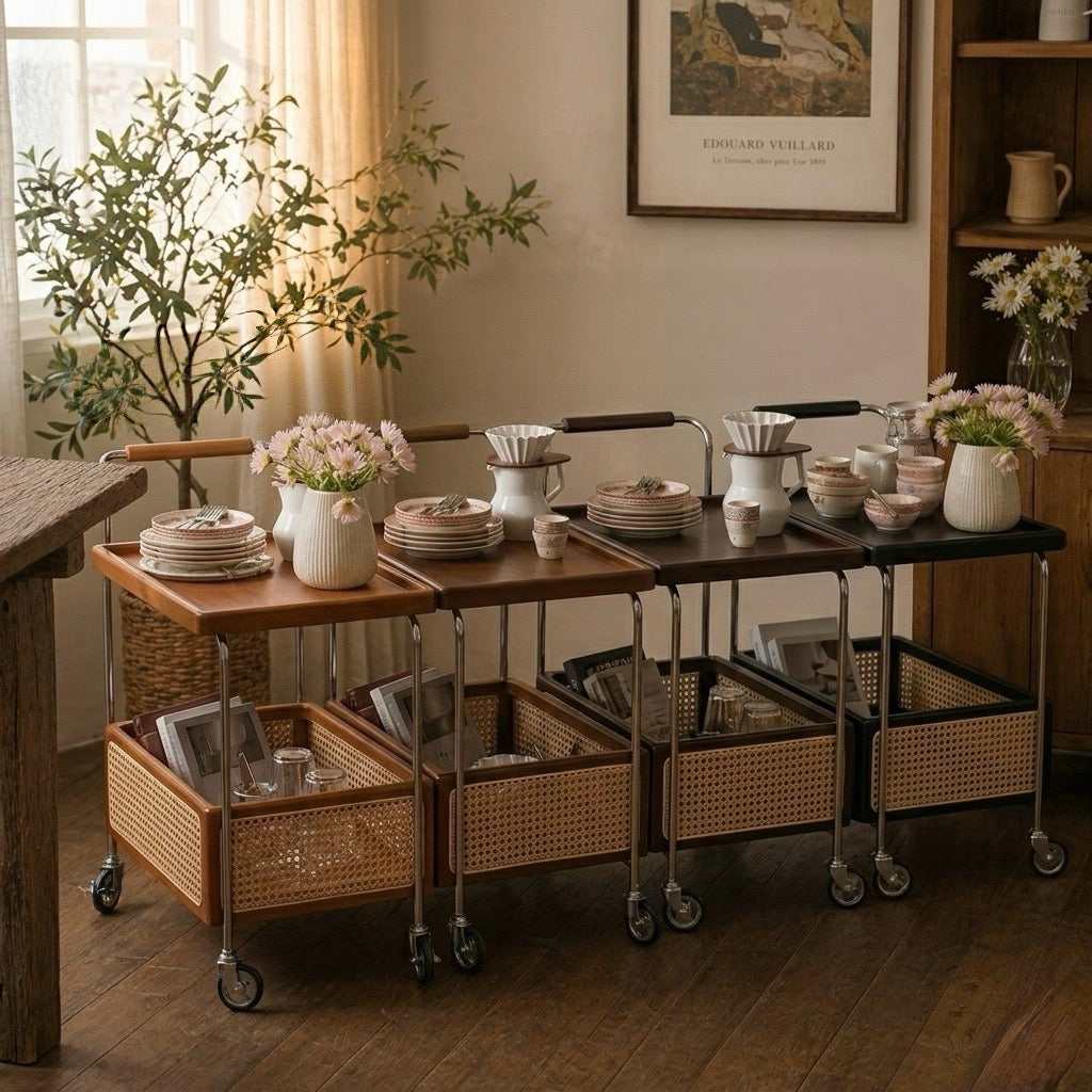 Mid-Century Rolling Bar Cart with Rattan Basket