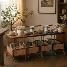 Mid-Century Rolling Bar Cart with Rattan Basket