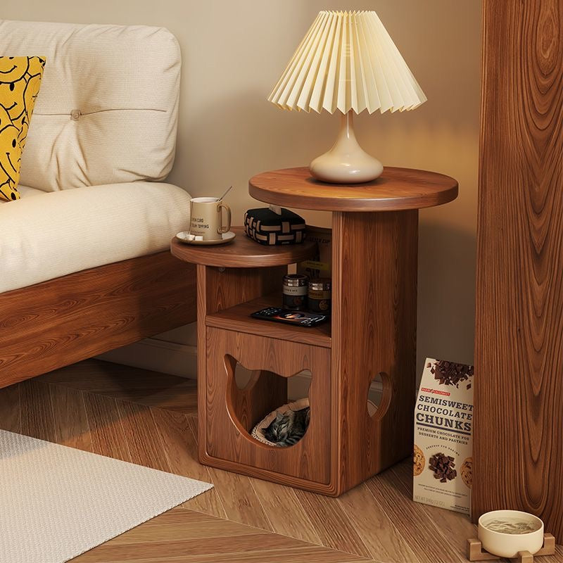 Modern Wooden Cat House Side Table - 2-in-1 Pet Bed & End Table for Living Room - Japandi Style Solid Wood Cat Furniture (Natural/Walnut)