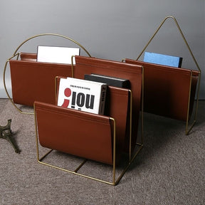 Luxury Leather Magazine Rack Organizer with Gold Metal Frame