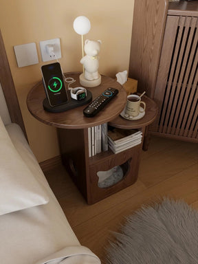 Modern Wooden Cat House Side Table - 2-in-1 Pet Bed & End Table for Living Room - Japandi Style Solid Wood Cat Furniture (Natural/Walnut)