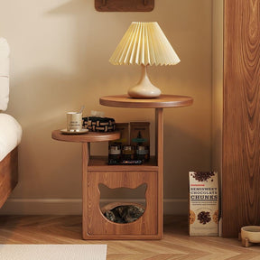 Modern Wooden Cat House Side Table - 2-in-1 Pet Bed & End Table for Living Room - Japandi Style Solid Wood Cat Furniture (Natural/Walnut)