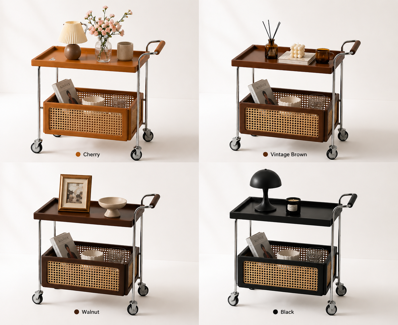 Mid-Century Rolling Bar Cart with Rattan Basket