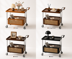 Mid-Century Rolling Bar Cart with Rattan Basket