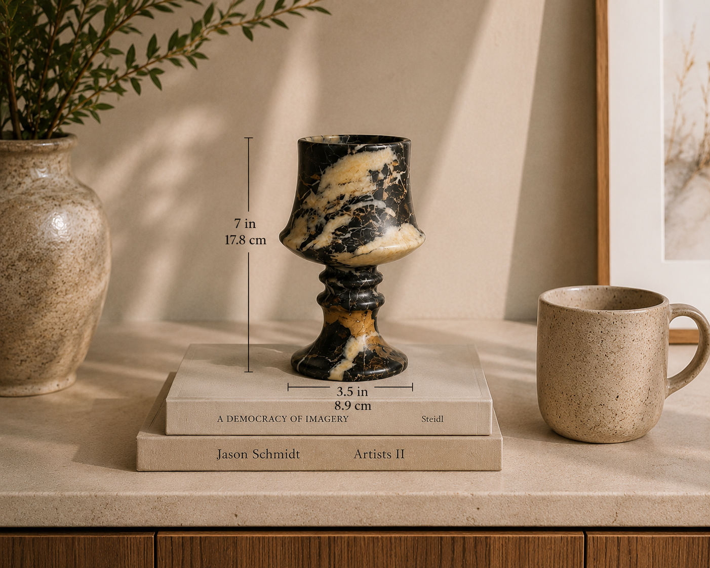 Midnight Emerald Marble Vessel | Hand-Carved Black & Gold Veined Stone Vase | Luxury Centerpiece