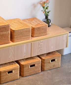 Handmade Woven Rattan Basket with Lid – Multi-Size Storage Box for Bathroom, Closet, or Living Room
