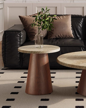 Travertine Top & Solid Walnut Tapered Base | Indoor-Outdoor Organic Modern Accent