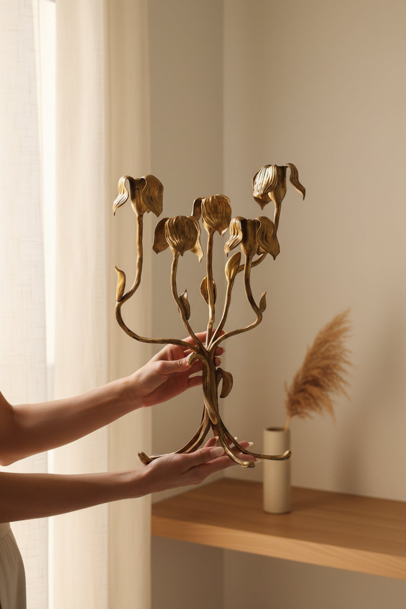 Botanical Brass Candelabra Sculpture | Hand-Forged Floral Tulip Candelabrum | Elegant Gold Art Nouveau Centerpie