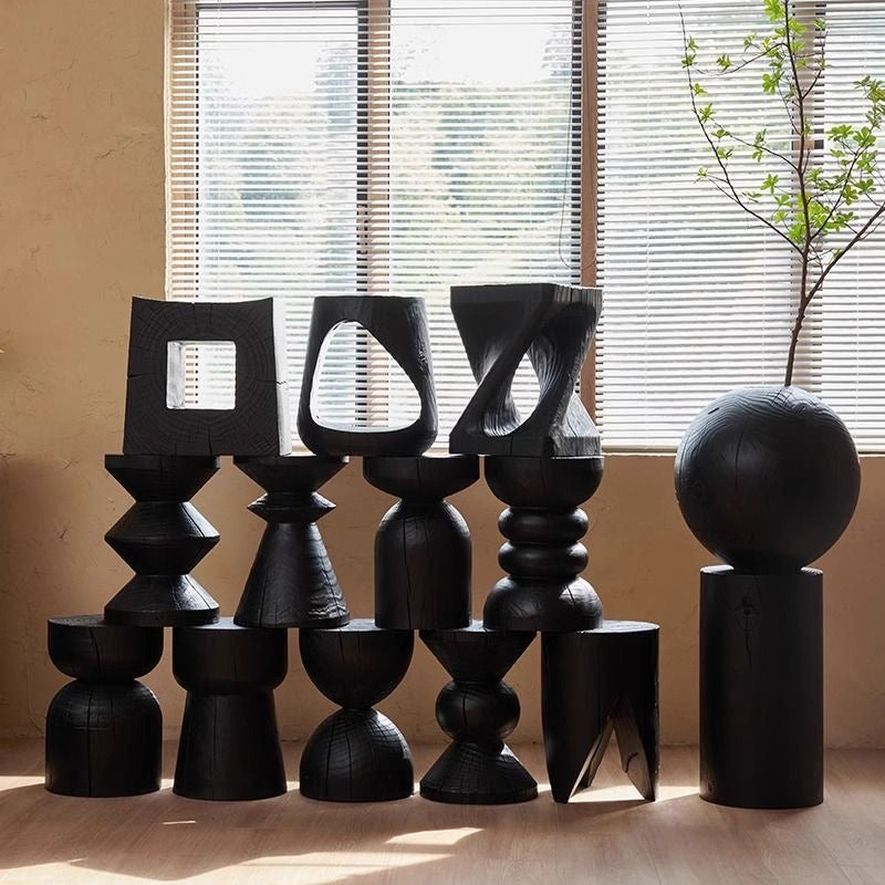 Sculptural Charred Wood Coffee Tables & Stools – Sustainable Café Decor