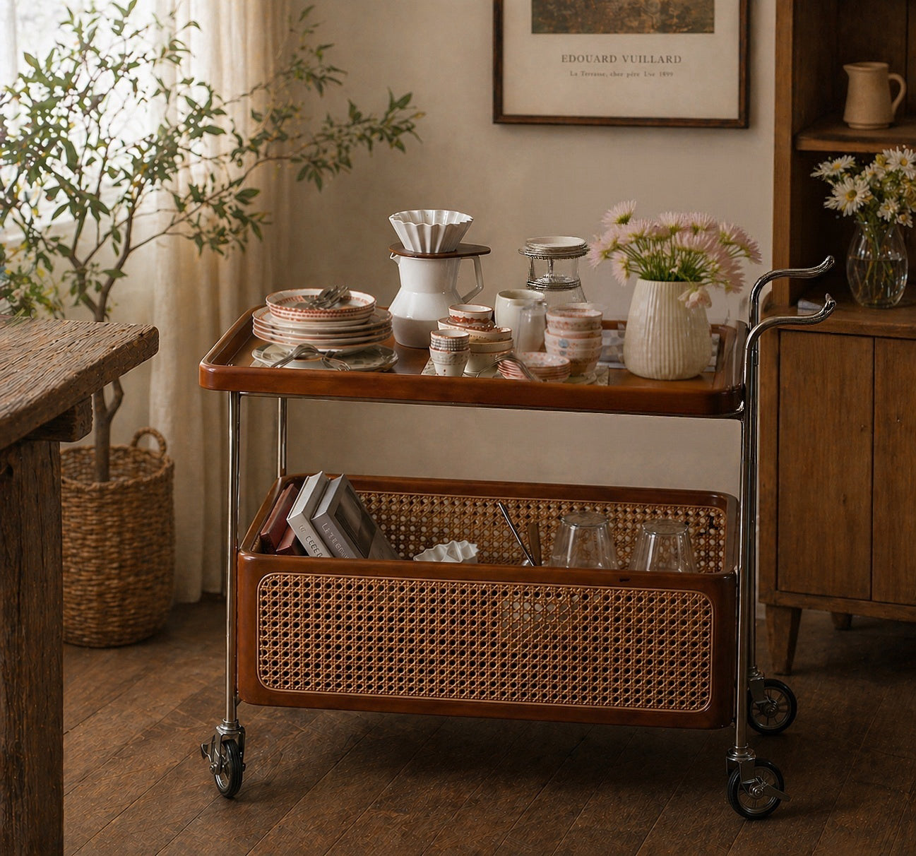 Mid-Century Rolling Bar Cart with Rattan Basket