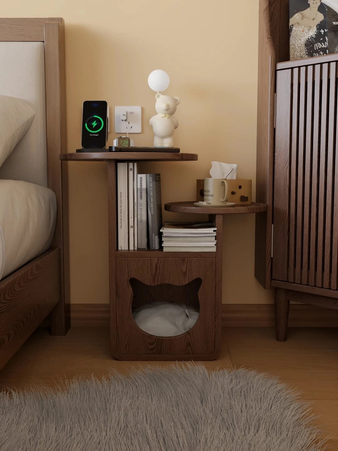 Modern Wooden Cat House Side Table - 2-in-1 Pet Bed & End Table for Living Room - Japandi Style Solid Wood Cat Furniture (Natural/Walnut)