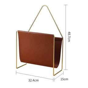 Luxury Leather Magazine Rack Organizer with Gold Metal Frame