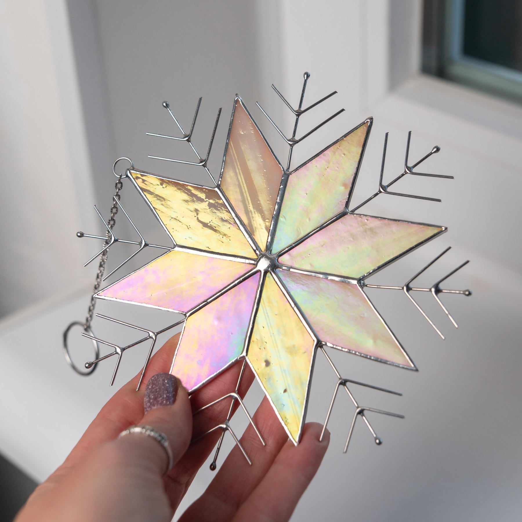 Stained Glass Snowflake Ornament – Handmade Iridescent Sun Catcher