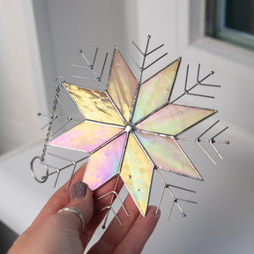 Stained Glass Snowflake Ornament – Handmade Iridescent Sun Catcher