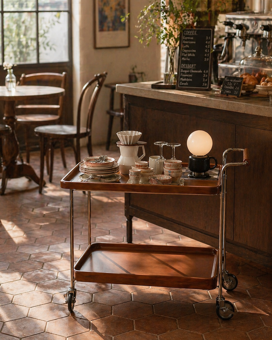 Mid-Century Rolling Bar Cart with Rattan Basket