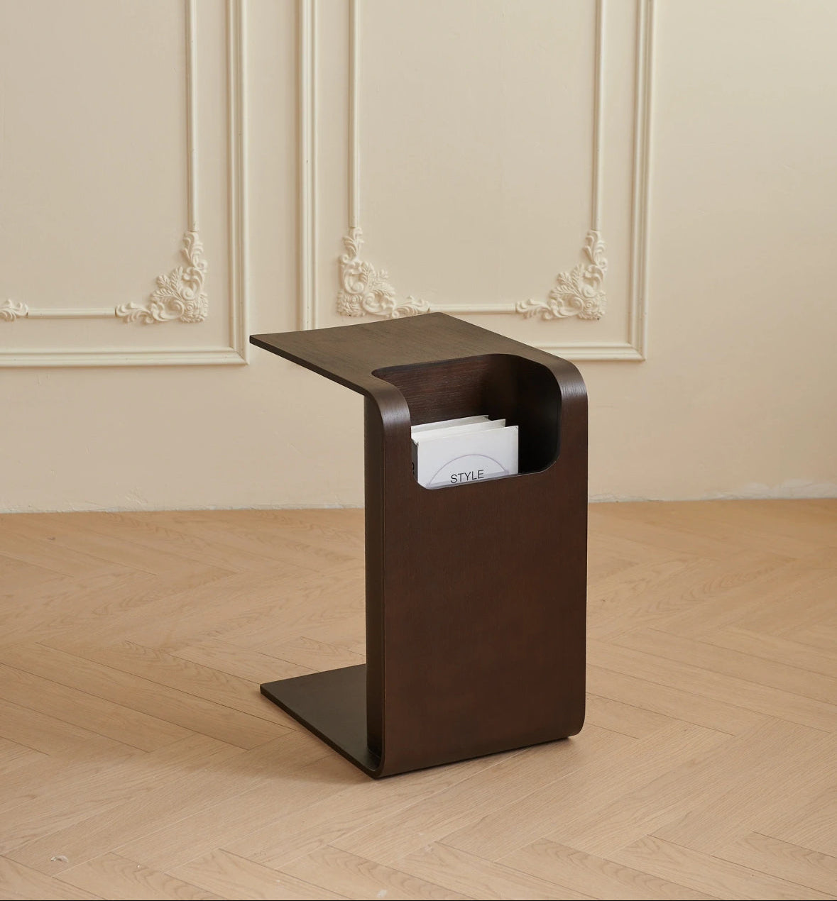 C-Shaped Convertible Wood Side Table With Storage