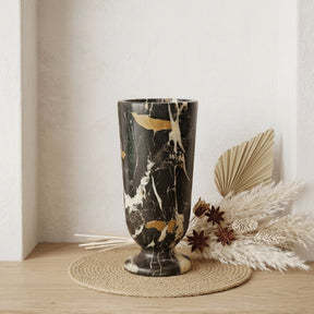 Midnight Emerald Marble Vessel | Hand-Carved Black & Gold Veined Stone Vase | Luxury Centerpiece