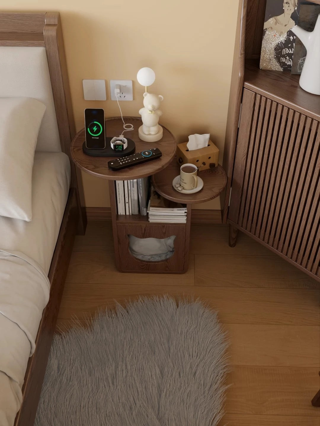 Modern Wooden Cat House Side Table - 2-in-1 Pet Bed & End Table for Living Room - Japandi Style Solid Wood Cat Furniture (Natural/Walnut)