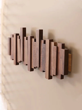 Modern Wooden Wall Hook Rack – Space-Saving Folding Coat Rack with Hidden Hooks – Stylish Walnut Wood Floating Wall Organizer