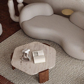 Biomorphic Travertine Coffee Table | Organic Modern Stone & Walnut Furniture | Sculptural Low Centerpiece