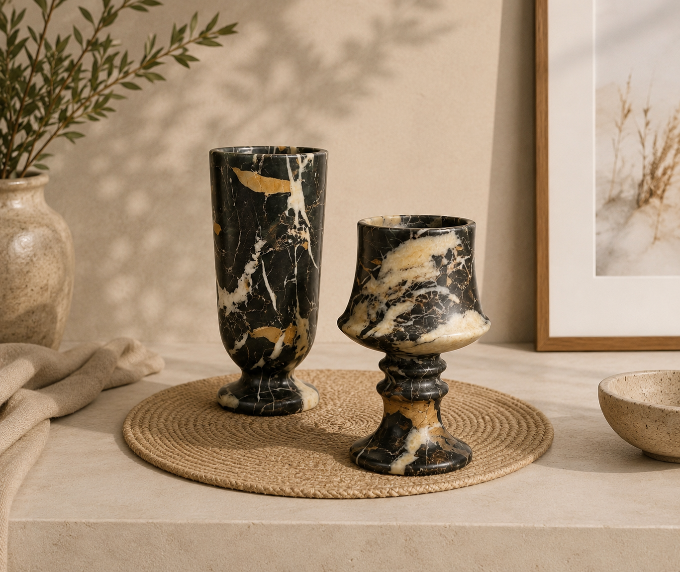 Midnight Emerald Marble Vessel | Hand-Carved Black & Gold Veined Stone Vase | Luxury Centerpiece