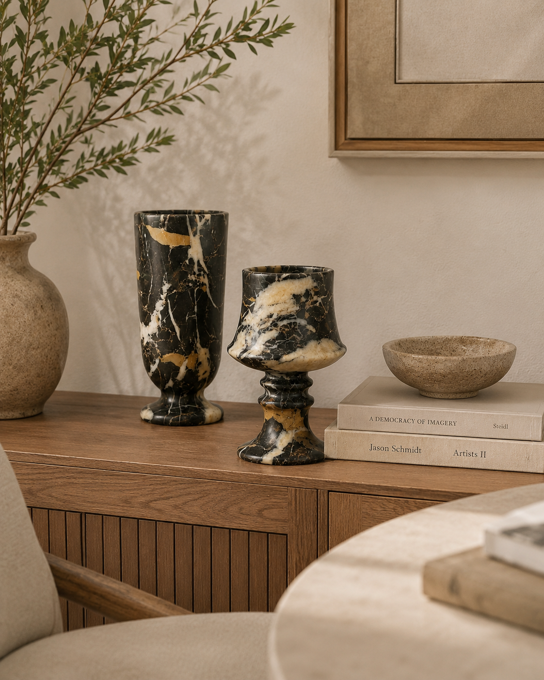 Midnight Emerald Marble Vessel | Hand-Carved Black & Gold Veined Stone Vase | Luxury Centerpiece