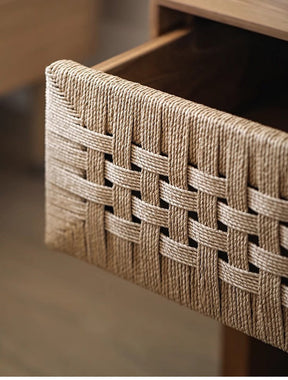 Handwoven Rope Front Wooden Nightstand – Mid-Century Natural Solid Wood Bedside Table