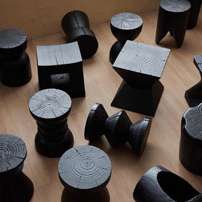Sculptural Charred Wood Coffee Tables & Stools – Sustainable Café Decor