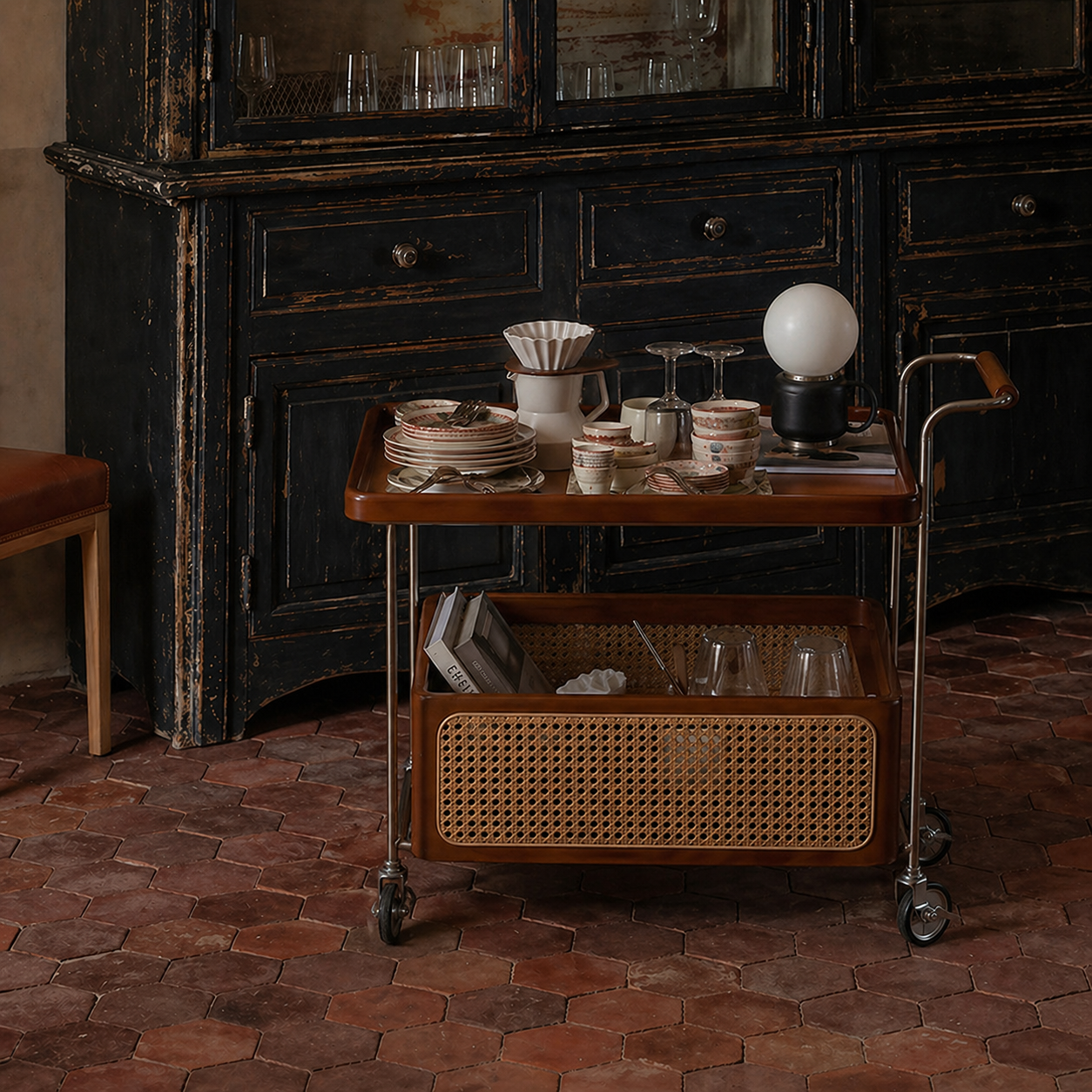 Mid-Century Rolling Bar Cart with Rattan Basket